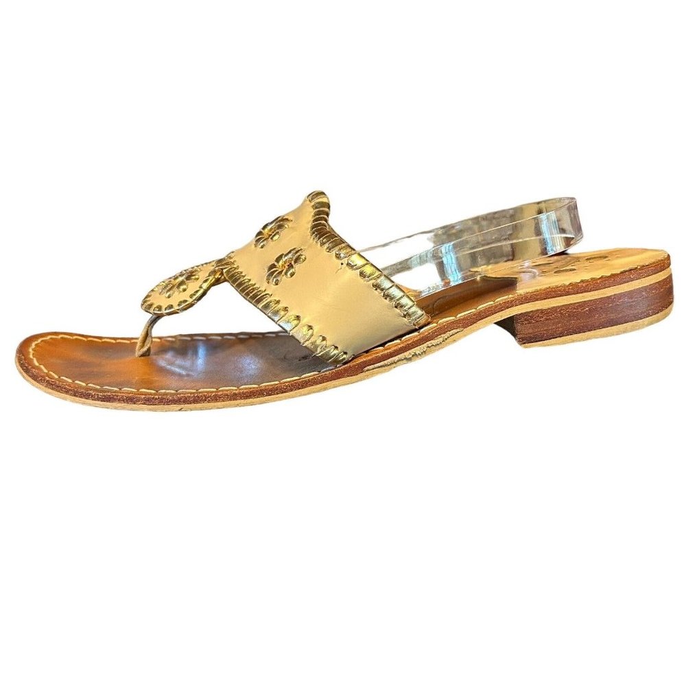 Jack Rogers Jacks II Beige/Gold Leather Flat Thong Sandal Shoes Womens 10 Casual - Picture 5 of 15
